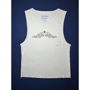 NEW‎ Golden Hour Women’s Tank Top Size Medium Cream White Graphic Front Raw Hem